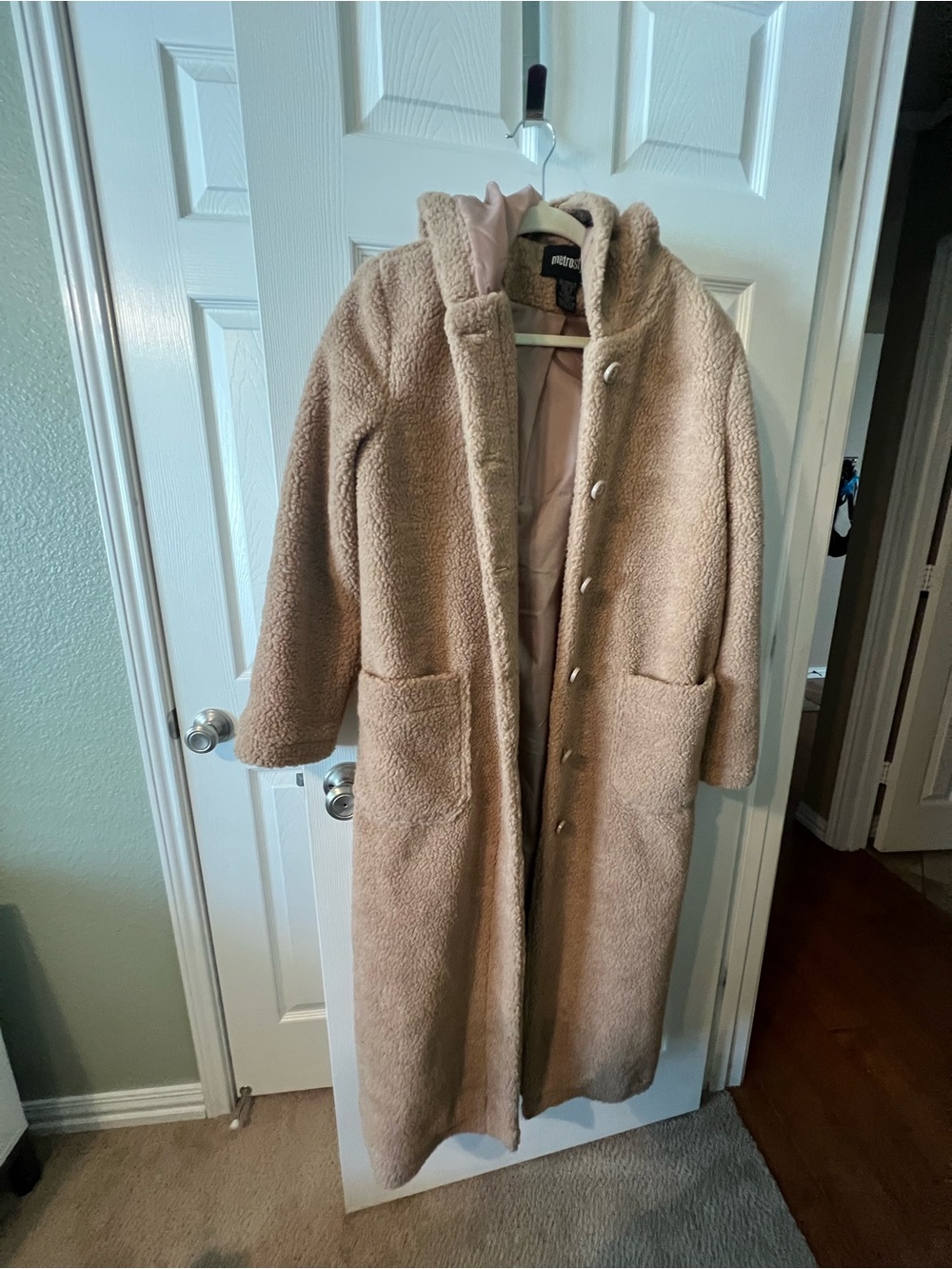 metrostyle Long Teddy Faux-Shearling Coat in Beige